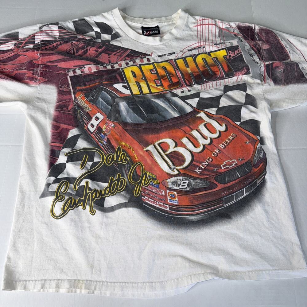 Vtg Dale Earnhardt Jr All Over Print Men Sz L Bud Beer REDHOT AOP Chase T-Shirt